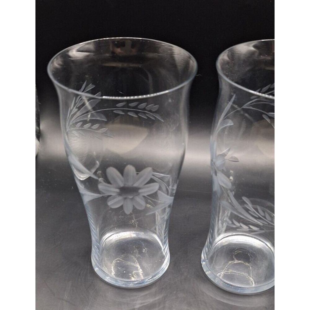 Vintage Set Of 3 Wheat Etched Crystal Iced Tea/High Ball Glasse 5.5” Tall